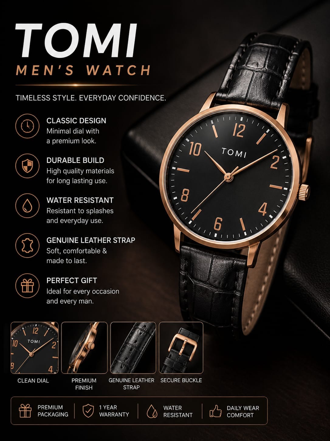 TOMI Watch - Black Dial